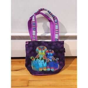 Dogs & Doggies Laurel Burch Small Canvas Purse Tote Multicolor Handbag Purple
